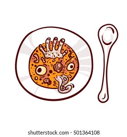 Soup with eyeballs, dead man hand and tentacle. Halloween dinner clip-art, isolated on white. Hand drawn sketchy icon, design element for halloween party invitation card