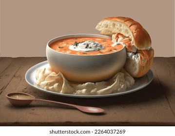 Una sopa con trozos de carne de bogavante mezclada con mayonesa y otros ingredientes
