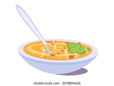 Soup. First course. A plate of food. Breakfast. Food. Cooking. Menu. Drawing for web design. Cartoon flat illustration. Close-up. Cooking. Vector.	