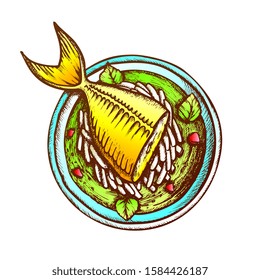 Soup With Fish, Daikon And Condiment Retro Vector. Delicious Oriental Soup Cooked From Seafood, Basil And Pepper. Engraving Concept Template Hand Drawn In Vintage Style Color Illustration