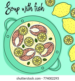 Soup with fish and lemon hand draw top view