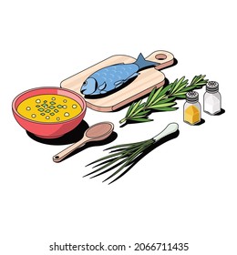 Soup, fish, onion and rosemary, spices and salt. Vector 3d sketch line isometric style, color icon illustration. Creative design idea and infographics elements.