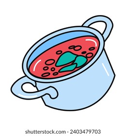 Sopa de comida colorida. Esta encantadora ilustración con el diseño atento destaca bellamente el calor reconfortante de una sartén de borsch. Ilustración vectorial.