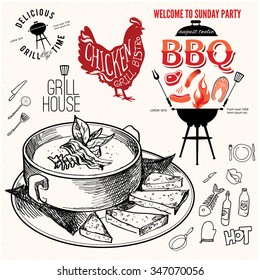 Soup Hand Drawn. Chicken Label Sketchy Illustration Design Eps 10