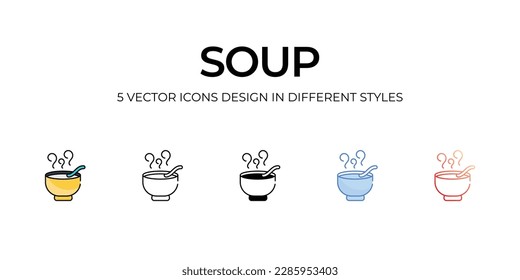 Diseño de iconos de sopa en estilo de cinco con pulsación editable. Línea, Sólido, Línea plana, Color de tono Duo y Línea de degradado de color. Adecuado para diseño de páginas Web, aplicaciones móviles, UI, UX y GUI.