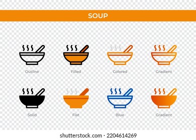 icono de sopa de estilo diferente. iconos vectoriales de sopa diseñados en contorno, sólido, colorido, relleno, gradiente y estilo plano. Símbolo, ilustración del logotipo. Ilustración del vector