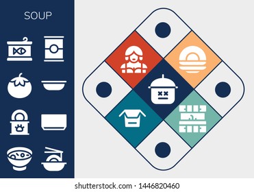 soup icon set. 13 filled soup icons.  Collection Of - Pot, Soup, Noodles, Tinned food, Tomato, Bowl, Canned food, Dish, Waitress, Kitchen