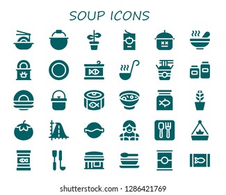  soup icon set. 30 filled soup icons. Simple modern icons about  - Noodles, Pot, Tomato sauce, Soup, Tinned food, Dish, Canned food, Ladle, Pots, Fish food, Tomato, Parabola, Waitress