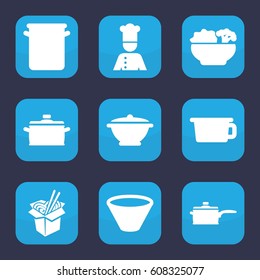 Soup icon. set of 9 filled soup icons such as noodles fast food, chef, food, bowl, pan