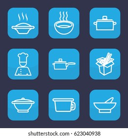 Soup icon. set of 9 outline soup icons such as bowl, noodles fast food, soup, chef, pan