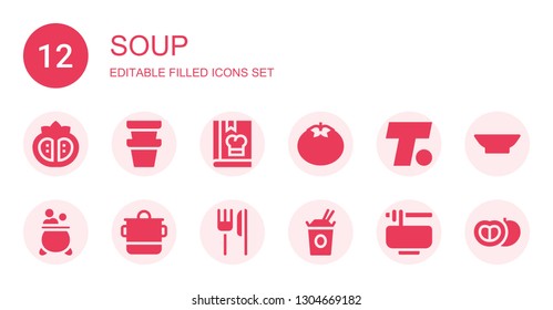 soup icon set. Collection of 12 filled soup icons included Tomato, Pot, Cook, Turner, Restaurant, Noodles, Bowl