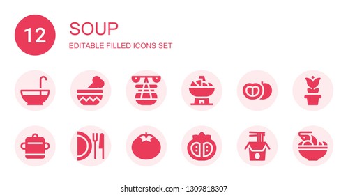 soup icon set. Collection of 12 filled soup icons included Punch bowl, Bowl, Pot, Tomato, Dish, Noodles, Tom yum