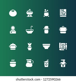 soup icon set. Collection of 16 filled soup icons included Noodles, Pot, Recipe, Bowl, Punch bowl, Dish, Cook, Tomato