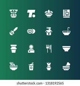 soup icon set. Collection of 16 filled soup icons included Bowl, Pot, Noodles, Tom yum, Restaurant, Dish, Punch bowl, Tomato, Ladle, Cook, Hot pot, Turner