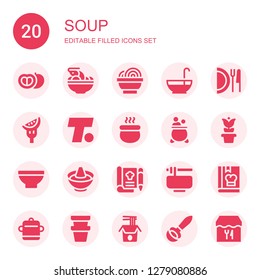 soup icon set. Collection of 20 filled soup icons included Tomato, Tom yum, Bowl, Punch bowl, Dish, Turner, Pot, Hot pot, Recipe, Noodles, Cook, Ladle, Restaurant