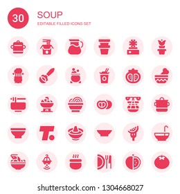 soup icon set. Collection of 30 filled soup icons included Pot, Noodles, Dish, Ladle, Tomato, Bowl, Turner, Hot pot, Punch bowl, Tom yum