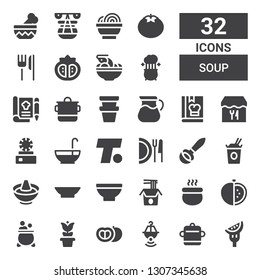 soup icon set. Collection of 32 filled soup icons included Tomato, Pot, Noodles, Bowl, Hot pot, Ladle, Dish, Turner, Punch bowl, Restaurant, Cook, Recipe, Tom yum