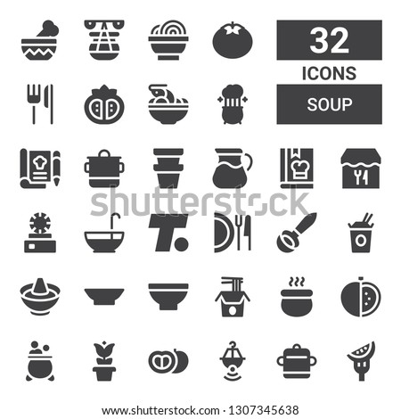 soup icon set. Collection of 32 filled soup icons included Tomato, Pot, Noodles, Bowl, Hot pot, Ladle, Dish, Turner, Punch bowl, Restaurant, Cook, Recipe, Tom yum