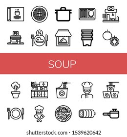 soup icon set. Collection of Soup, Restaurant, Spaghetti, Pot, Meal, Pots, Tomato, Kitchen, Cook, Instant noodles, Thai food, Boiled, Noodles, Cooking pot icons