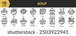 Soup icon set. Includes meatball, soup, fish, miso, cooking pot, and More. Outline icons vector collection.