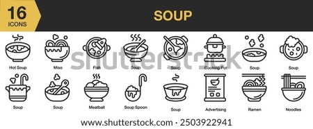 Soup icon set. Includes meatball, soup, fish, miso, cooking pot, and More. Outline icons vector collection.