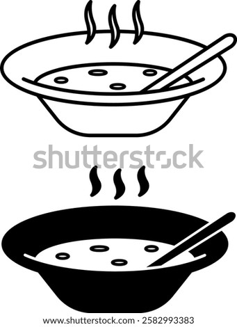 Soup Icons. Black and White Vector Drawings. Liquid Dish, Food. Hot Broth on Plate, Spoon. Meal Concept