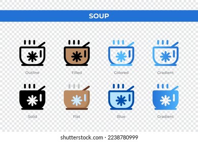 Soup icons in different style. Soup icons set. Holiday symbol. Different style icons set. Vector illustration