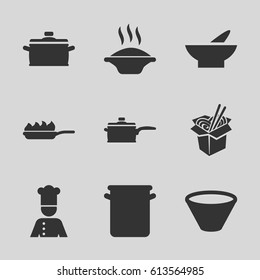 Soup icons set. set of 9 soup filled icons such as bowl, noodles fast food, chef, pan, pan-fry