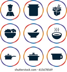 Soup icons set. set of 9 soup filled icons such as bowl, noodles fast food, soup, chef, food, pan