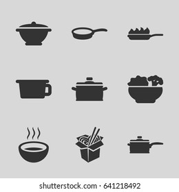 Soup icons set. set of 9 soup filled icons such as noodles fast food, soup, food, pan, pan-fry