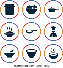 Soup icons set. set of 9 soup filled icons such as bowl, soup, chef, food