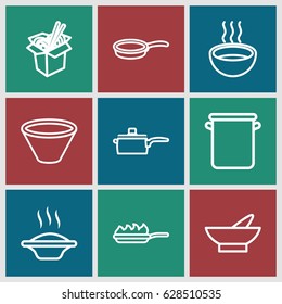 Soup icons set. set of 9 soup outline icons such as bowl, noodles fast food, soup, pan