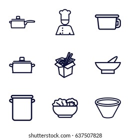 Soup icons set. set of 9 soup outline icons such as bowl, noodles fast food, chef, food, pan