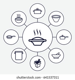 Soup icons set. set of 9 soup outline icons such as bowl, noodles fast food, soup