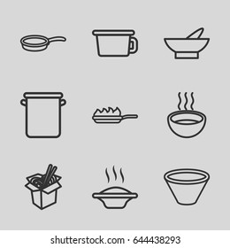 Soup icons set. set of 9 soup outline icons such as bowl, noodles fast food, soup, pan, pan-fry