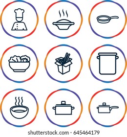 Soup icons set. set of 9 soup outline icons such as noodles fast food, soup, chef, food