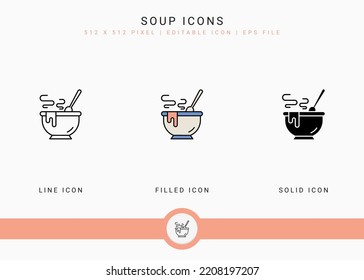 Soup icons set vector illustration with solid icon line style. Hot bowl concept. Editable stroke icon on isolated background for web design, user interface, and mobile application 
