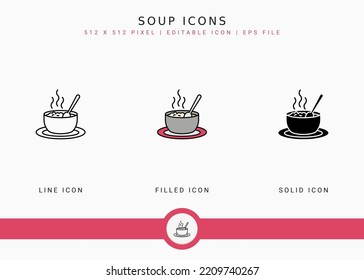 Los iconos de la sopa establecen la ilustración vectorial con el estilo de línea de icono sólido. Concepto de tazón caliente. Icono de trazo editable en fondo aislado para diseño web, interfaz de usuario y aplicación móvil 