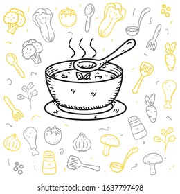 Soup and it's ingredients doodle vector illustration in cute hand drawn style isolated on white background