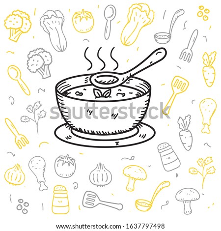 Soup and it's ingredients doodle vector illustration in cute hand drawn style isolated on white background