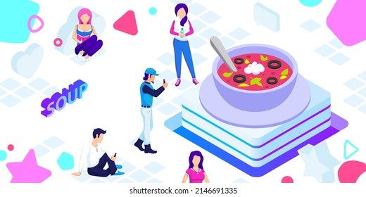 Soup isometric design icon. Vector web illustration. 3d colorful concept