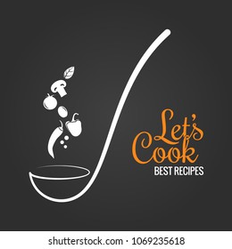 Soup ladle with flavor concept. Cooking spoon design on black background