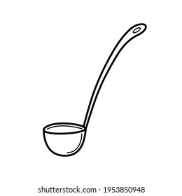 Soup ladle hand drawn outline simple doodle style vector illustration, kitchen utensils design element, line art cookware with long handle for serving dishes