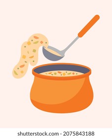 Soup with ladle. Hostess brings food to guests of house. Stirring object in saucepan. Cooking food and delicious meals. Soup, vegetables, healthy food, diet. Cartoon flat vector illustration