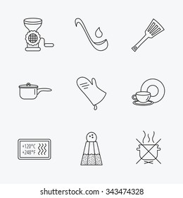 Soup ladle, potholder and kitchen utensils icons. Salt, not boil and saucepan linear signs. Meat grinder, water drop and coffee cup icons. Linear black icons on white background.