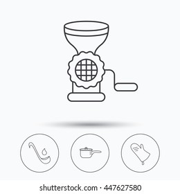 Soup ladle, potholder and kitchen utensils icons. Meat grinder and saucepan linear signs. Linear icons in circle buttons. Flat web symbols. Vector