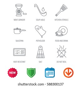 Soup ladle, potholder and kitchen utensils icons. Salt, not boil and saucepan linear signs. Meat grinder, water drop and coffee cup icons. New tag, shield and calendar web icons. Download arrow