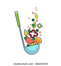 Soup Ladle With Vegetables, Kitchen Spoon Flat Vector Illustration
