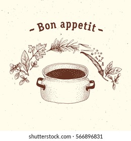 Soup at large pot illustration. Hand drawn food cooking.