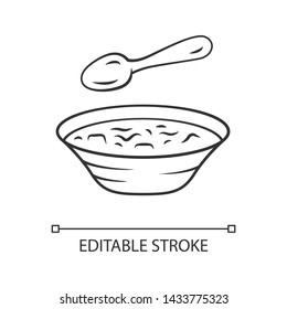 Soup linear icon. Bowl, spoon, kitchenware. Hot steaming soup plate. First meal. Healthy diet. Nutritious meal. Thin line illustration. Contour symbol. Vector isolated outline drawing. Editable stroke